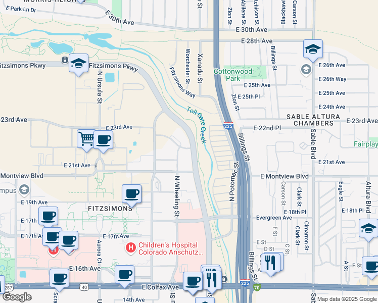 map of restaurants, bars, coffee shops, grocery stores, and more near 2201 Fitzsimons Parkway in Aurora