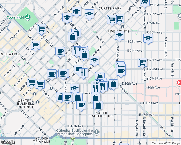 map of restaurants, bars, coffee shops, grocery stores, and more near 2147 Tremont Place in Denver
