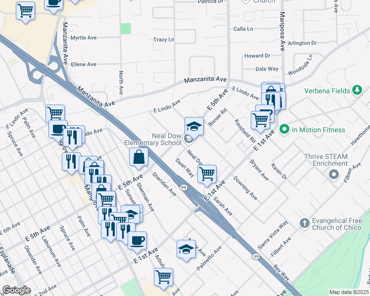 map of restaurants, bars, coffee shops, grocery stores, and more near 1420 Neal Dow Avenue in Chico