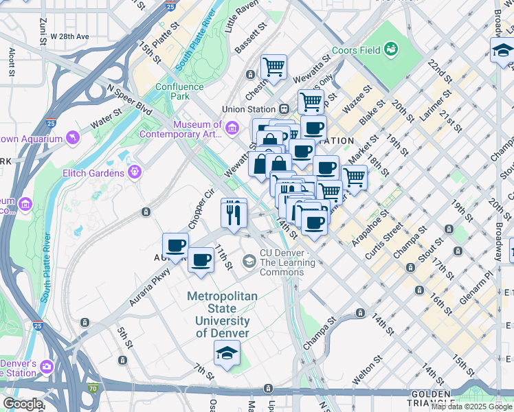 map of restaurants, bars, coffee shops, grocery stores, and more near 14th St & Wazee St in Denver