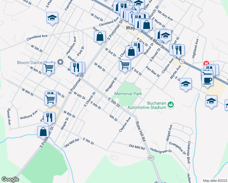 map of restaurants, bars, coffee shops, grocery stores, and more near 318 Walnut Street in Waynesboro
