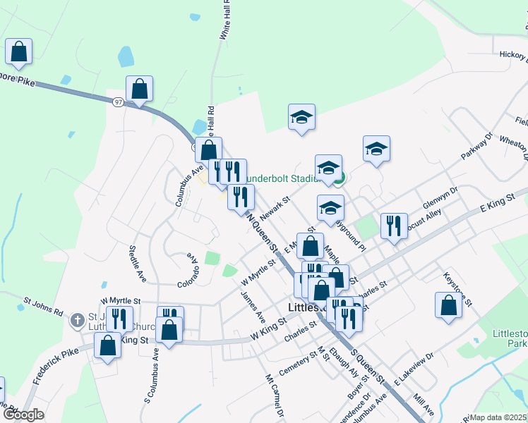 map of restaurants, bars, coffee shops, grocery stores, and more near 22 Newark Street in Littlestown