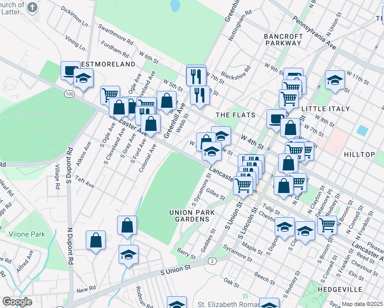 map of restaurants, bars, coffee shops, grocery stores, and more near 2309 Delaware 48 in Wilmington