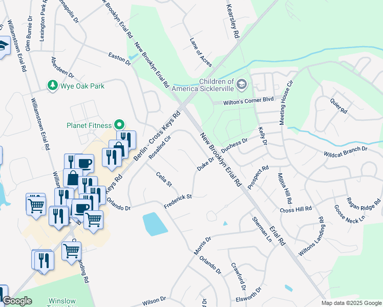 map of restaurants, bars, coffee shops, grocery stores, and more near 10 Jaques Court in Winslow Township