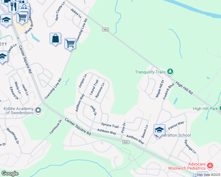 map of restaurants, bars, coffee shops, grocery stores, and more near 135 Juniper Ln in Swedesboro