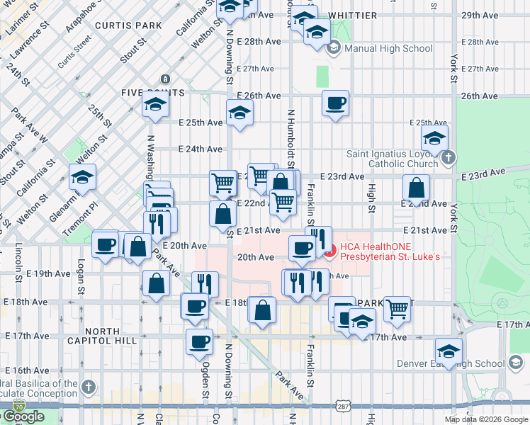 map of restaurants, bars, coffee shops, grocery stores, and more near 2108 North Marion Street in Denver
