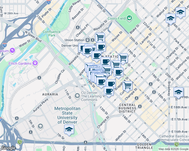 map of restaurants, bars, coffee shops, grocery stores, and more near 1445 Market Street in Denver