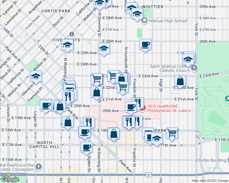 map of restaurants, bars, coffee shops, grocery stores, and more near 2108 North Marion Street in Denver