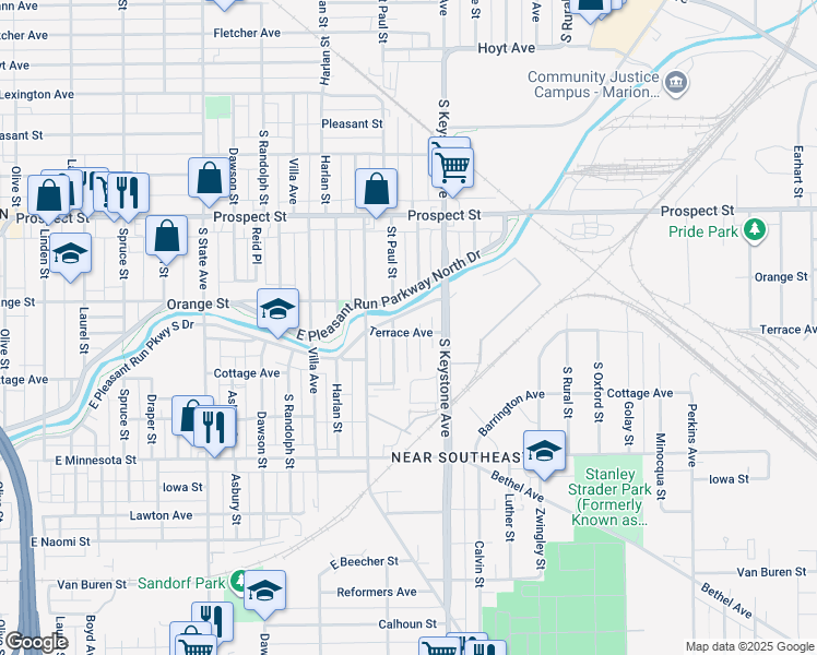 map of restaurants, bars, coffee shops, grocery stores, and more near 2312 Terrace Avenue in Indianapolis