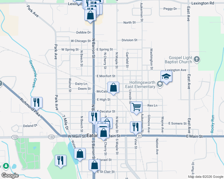 map of restaurants, bars, coffee shops, grocery stores, and more near 410 North Cherry Street in Eaton