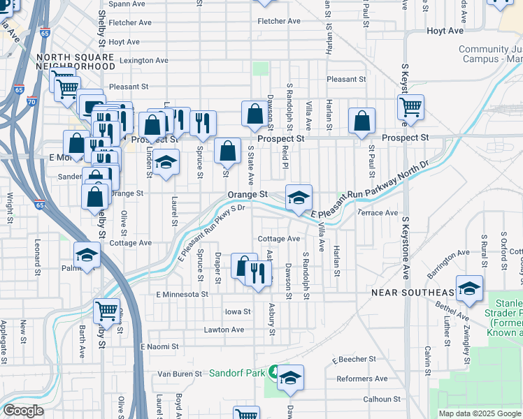 map of restaurants, bars, coffee shops, grocery stores, and more near 1721 East Pleasant Run Parkway South Drive in Indianapolis