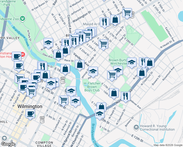map of restaurants, bars, coffee shops, grocery stores, and more near 1703 Pine Street in Wilmington