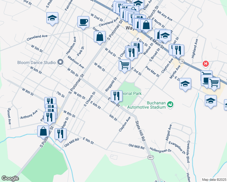 map of restaurants, bars, coffee shops, grocery stores, and more near 318 Walnut Street in Waynesboro