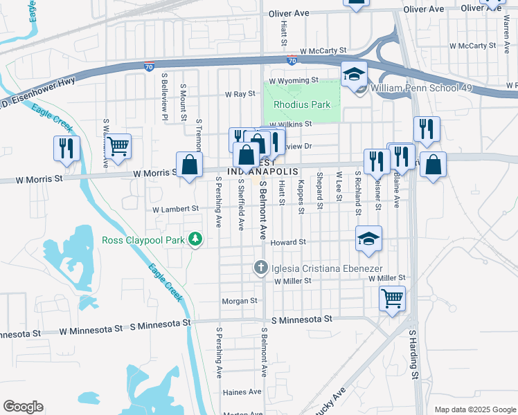 map of restaurants, bars, coffee shops, grocery stores, and more near 1302 South Belmont Avenue in Indianapolis