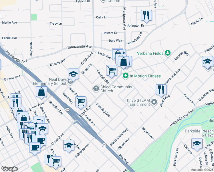 map of restaurants, bars, coffee shops, grocery stores, and more near 79 Veneto Circle in Chico