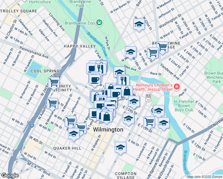 map of restaurants, bars, coffee shops, grocery stores, and more near 127 West 13th Street in Wilmington