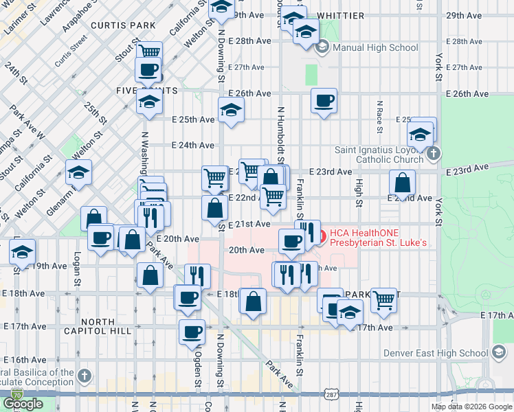 map of restaurants, bars, coffee shops, grocery stores, and more near 2108 North Marion Street in Denver