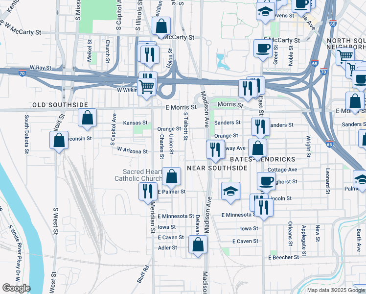 map of restaurants, bars, coffee shops, grocery stores, and more near 1358 South Talbott Street in Indianapolis