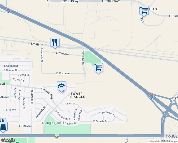 map of restaurants, bars, coffee shops, grocery stores, and more near 2200 Himalaya Road in Aurora