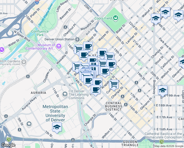 map of restaurants, bars, coffee shops, grocery stores, and more near 1228 Larimer Street in Denver