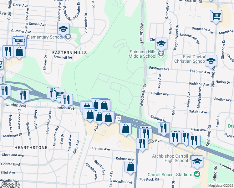 map of restaurants, bars, coffee shops, grocery stores, and more near 4945 Woodman Park Drive in Dayton