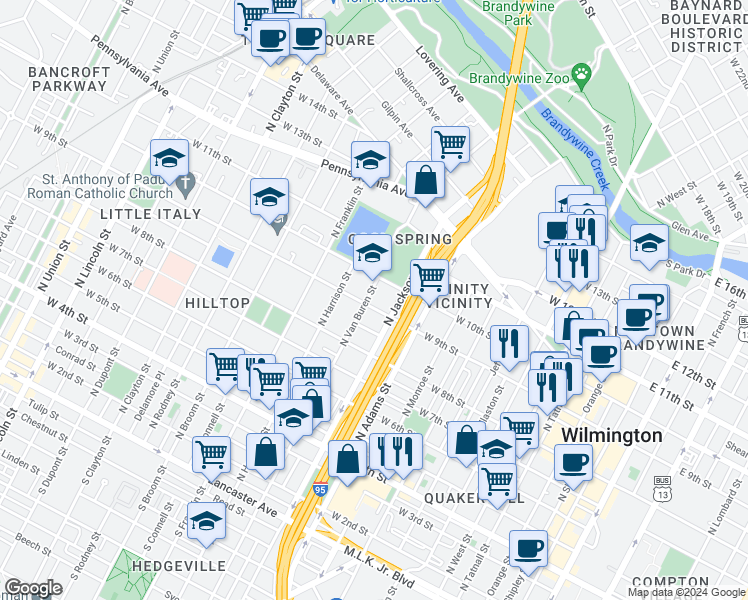 map of restaurants, bars, coffee shops, grocery stores, and more near 906 North Van Buren Street in Wilmington