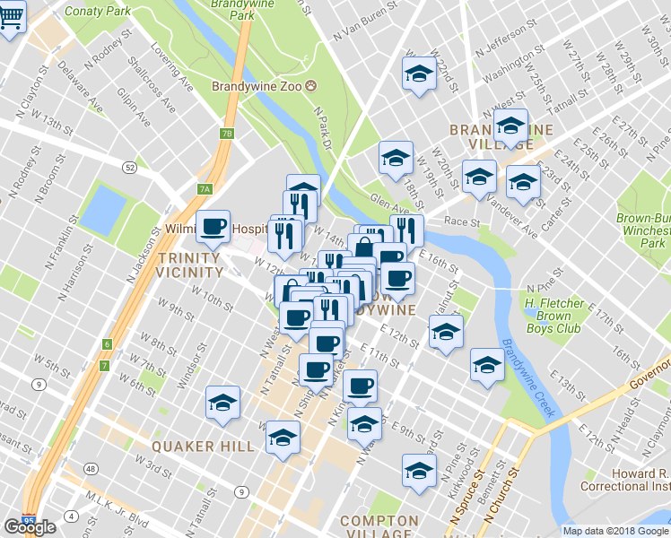 map of restaurants, bars, coffee shops, grocery stores, and more near 127 West 13th Street in Wilmington