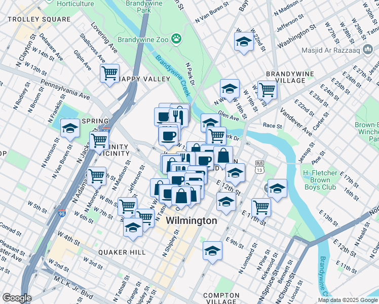 map of restaurants, bars, coffee shops, grocery stores, and more near 1229 North Tatnall Street in Wilmington