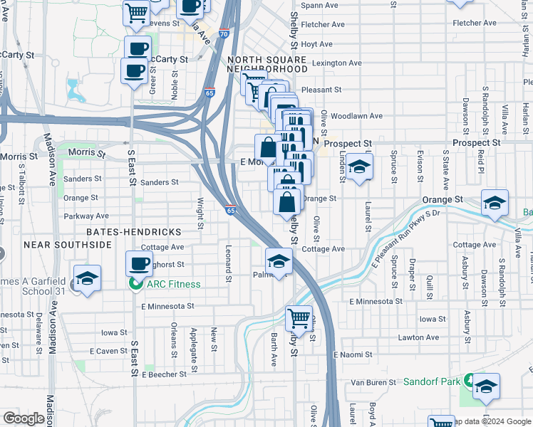 map of restaurants, bars, coffee shops, grocery stores, and more near 1338 Barth Avenue in Indianapolis