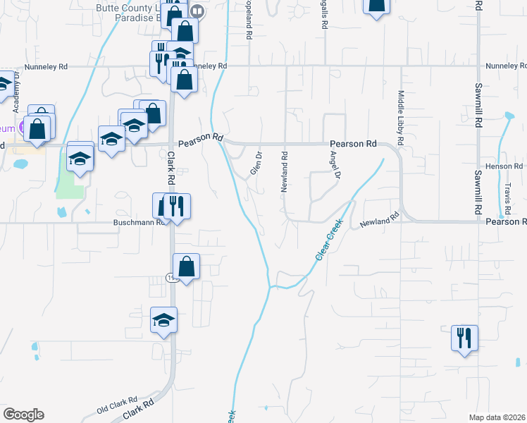 map of restaurants, bars, coffee shops, grocery stores, and more near 5556 Glen Drive in Paradise