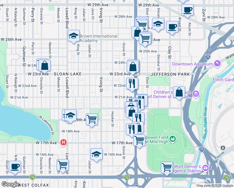 map of restaurants, bars, coffee shops, grocery stores, and more near 2075 Hooker Street in Denver