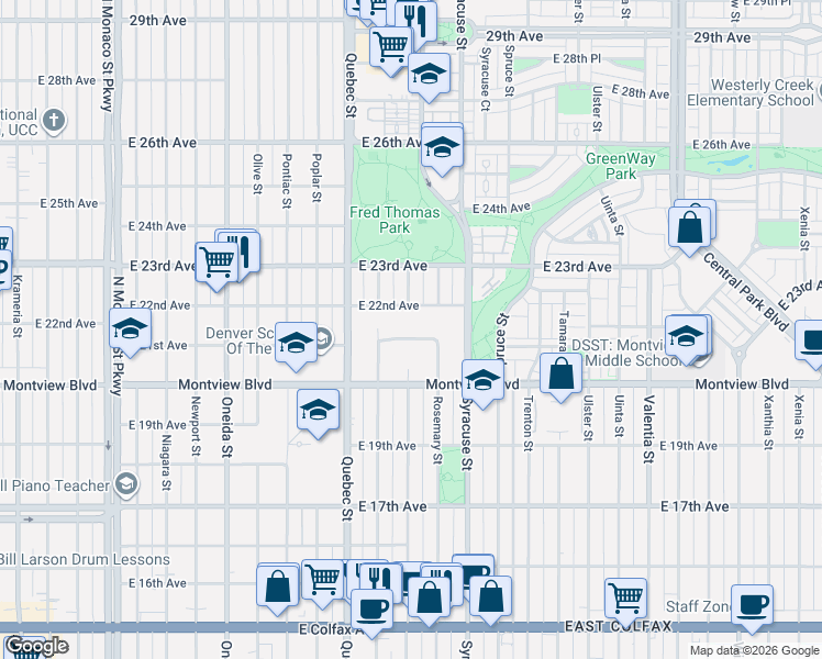 map of restaurants, bars, coffee shops, grocery stores, and more near 7500 East 21st Avenue in Denver