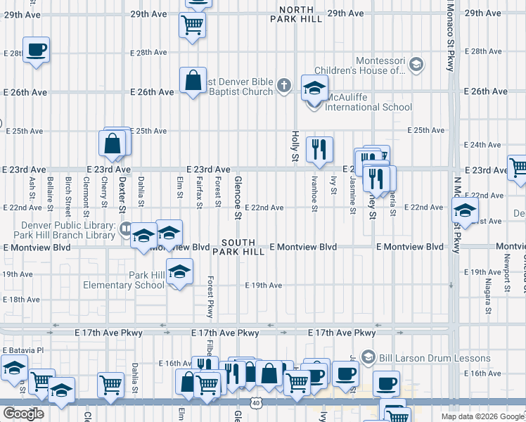 map of restaurants, bars, coffee shops, grocery stores, and more near 2057 Grape Street in Denver