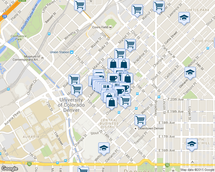 map of restaurants, bars, coffee shops, grocery stores, and more near in Denver