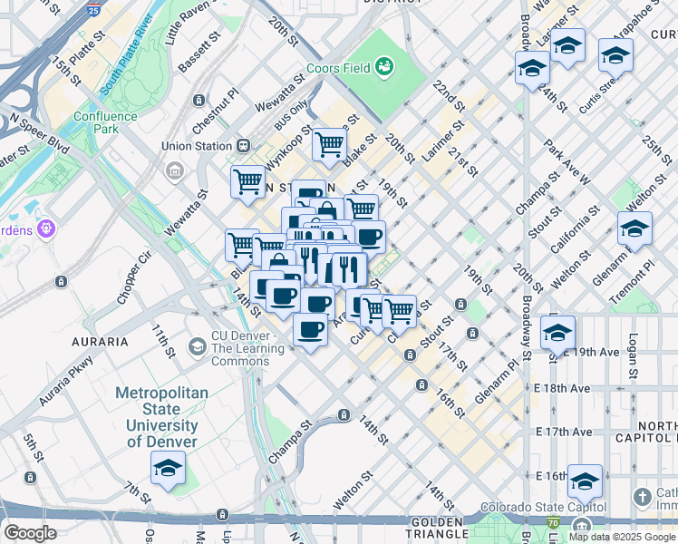 map of restaurants, bars, coffee shops, grocery stores, and more near in Denver