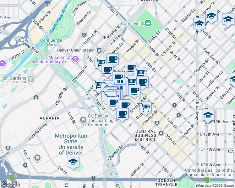 map of restaurants, bars, coffee shops, grocery stores, and more near 1228 Larimer Street in Denver