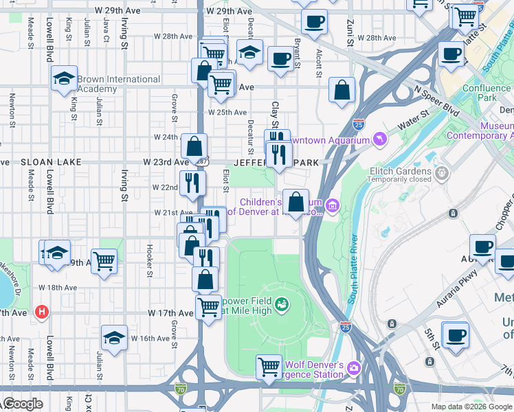 map of restaurants, bars, coffee shops, grocery stores, and more near 2777 Mile High Stadium Circle in Denver