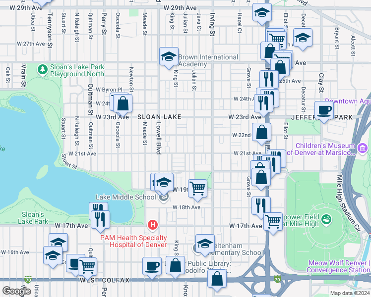 map of restaurants, bars, coffee shops, grocery stores, and more near 3488 West 21st Avenue in Denver
