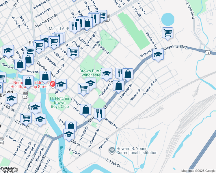 map of restaurants, bars, coffee shops, grocery stores, and more near 2304 Thatcher Street in Wilmington