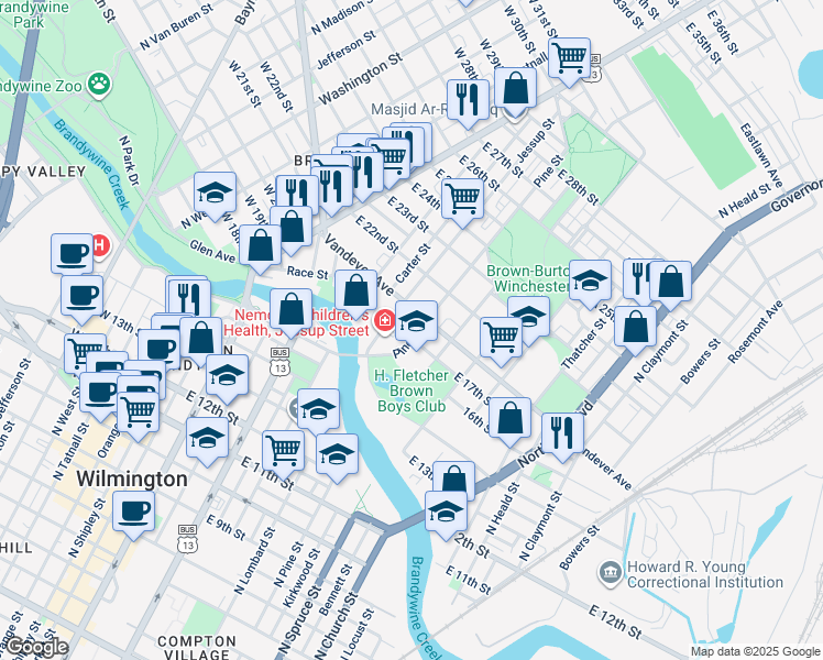 map of restaurants, bars, coffee shops, grocery stores, and more near 611 East 17th Street in Wilmington