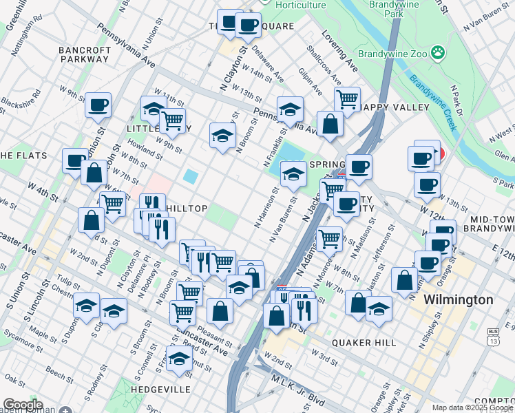 map of restaurants, bars, coffee shops, grocery stores, and more near 805 North Harrison Street in Wilmington