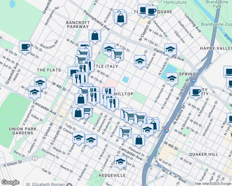 map of restaurants, bars, coffee shops, grocery stores, and more near 524 North Clayton Street in Wilmington
