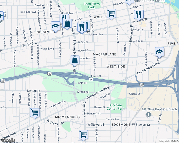 map of restaurants, bars, coffee shops, grocery stores, and more near 146 Leroy Street in Dayton