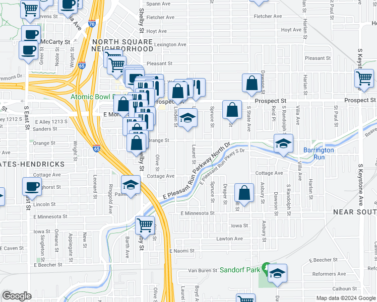 map of restaurants, bars, coffee shops, grocery stores, and more near 1416 Laurel Street in Indianapolis
