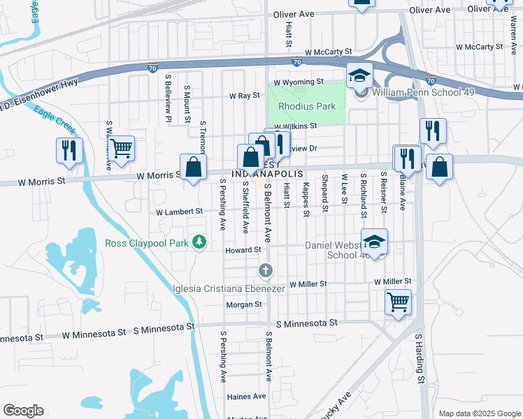 map of restaurants, bars, coffee shops, grocery stores, and more near 1321 South Sheffield Avenue in Indianapolis