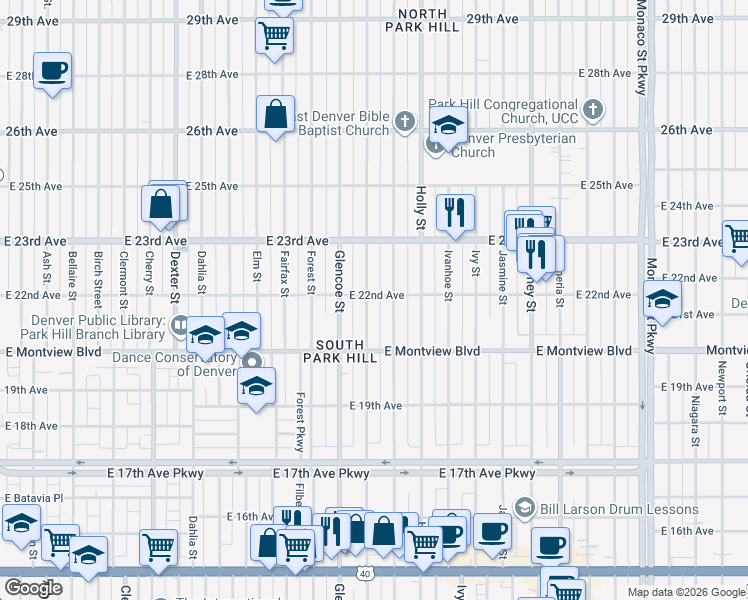 map of restaurants, bars, coffee shops, grocery stores, and more near 2057 Grape Street in Denver