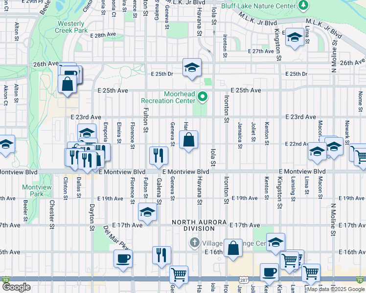 map of restaurants, bars, coffee shops, grocery stores, and more near 2097 Hanover Street in Aurora