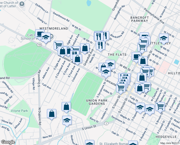 map of restaurants, bars, coffee shops, grocery stores, and more near 2500 Lancaster Avenue in Wilmington