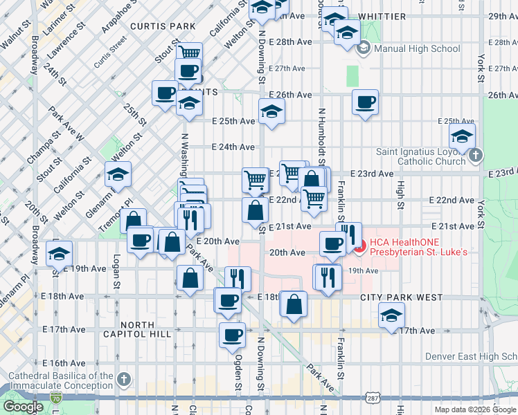 map of restaurants, bars, coffee shops, grocery stores, and more near 2100 North Downing Street in Denver
