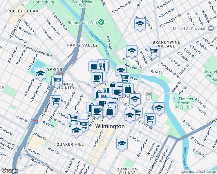 map of restaurants, bars, coffee shops, grocery stores, and more near 1229 North Tatnall Street in Wilmington